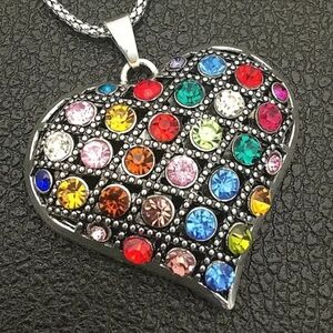 STERLING MULTI GEMSTONE HEART PENDANT 24-IN CHAIN 2 IN HEART